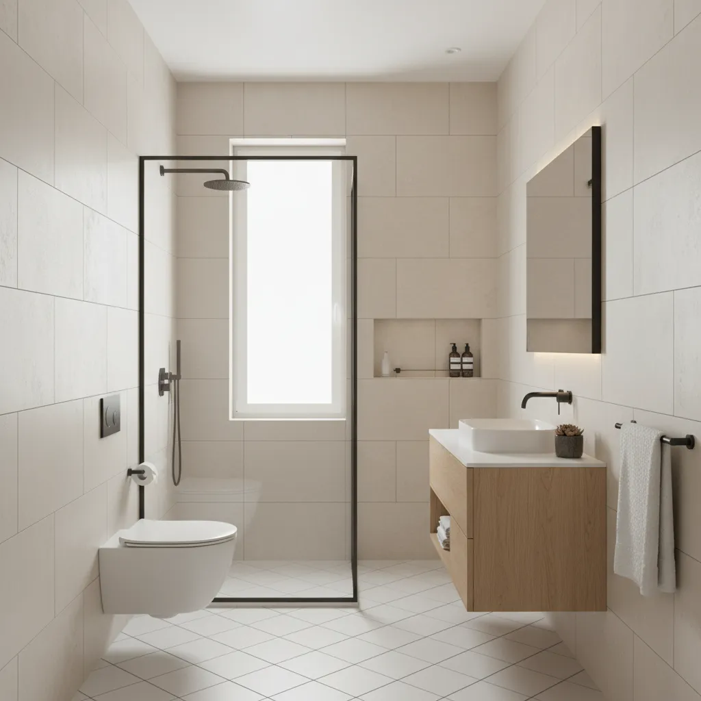 diagonal white tile layout making narrow bathroom look wider