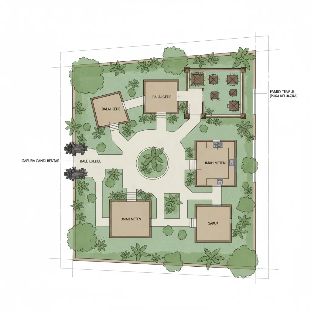 Diagram denah rumah Bali dengan posisi sanggah