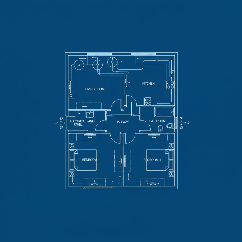 Diagram denah rumah dengan jalur kabel listrik