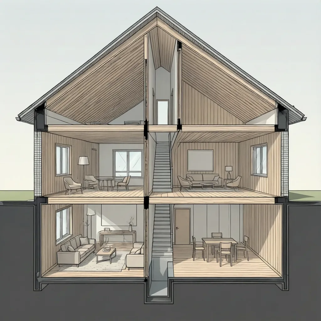 Diagram potongan rumah memperlihatkan tinggi lantai dan plafon