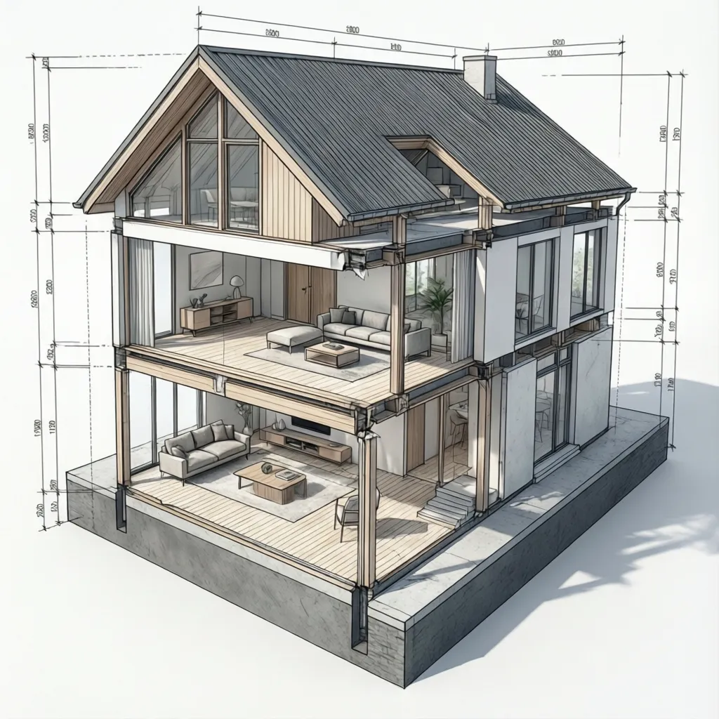 Diagram potongan rumah modern dua lantai