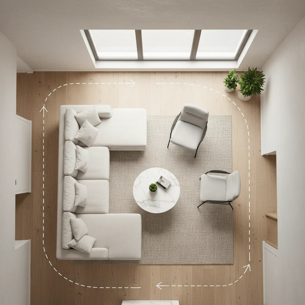 Diagrama de circulación en una sala con flechas de movimiento