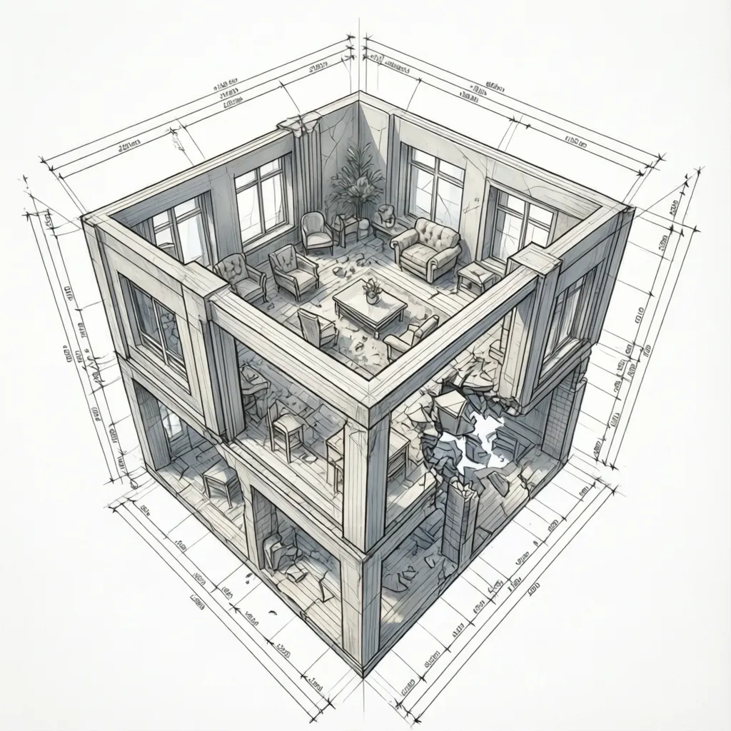 Interior design drawing showing a three dimensional room layout with sofa chairs and technical measurement lines