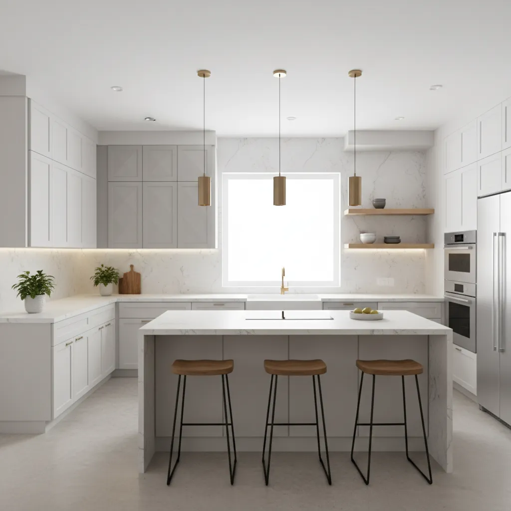 Modern kitchen featuring Diamond style cabinets and island layout