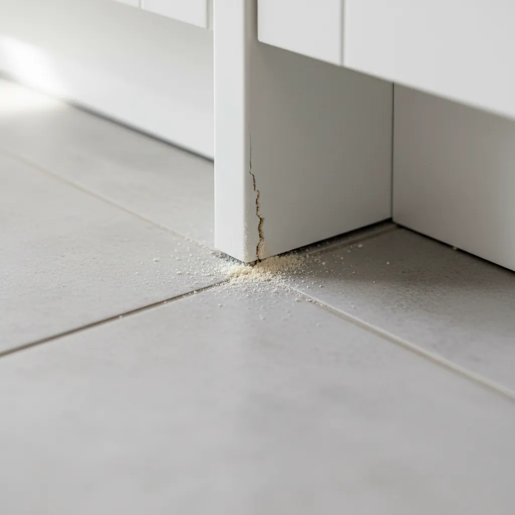 food grade diatomaceous earth applied along kitchen baseboard cracks