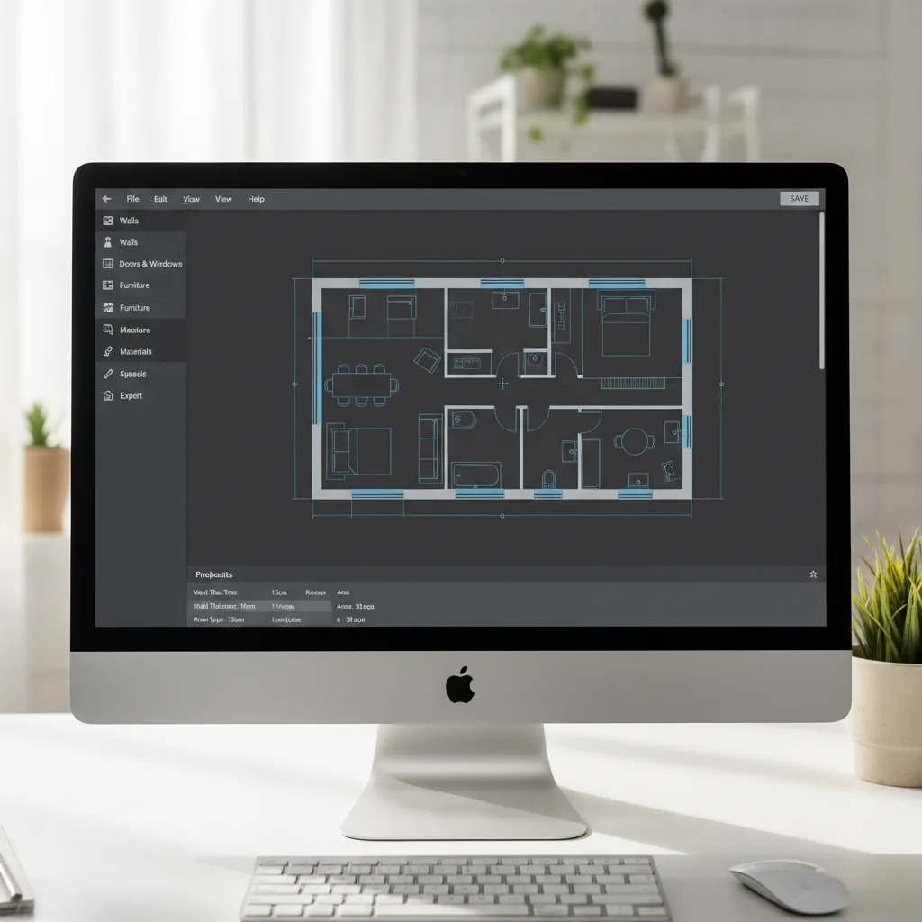 Desktop monitor showing a 2D floor plan layout with labeled rooms in a design software