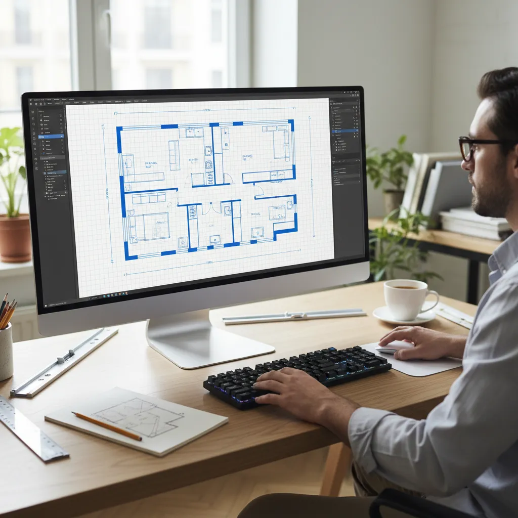 Persona creando un plano de casa en software de diseño en un ordenador