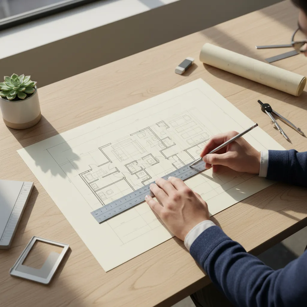 Manos dibujando un plano de vivienda en papel con regla y lápiz