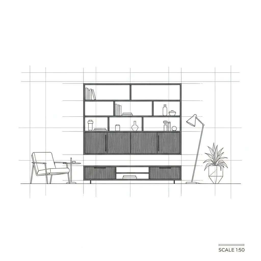 Dibujo técnico de elevación interior con muebles y estanterías