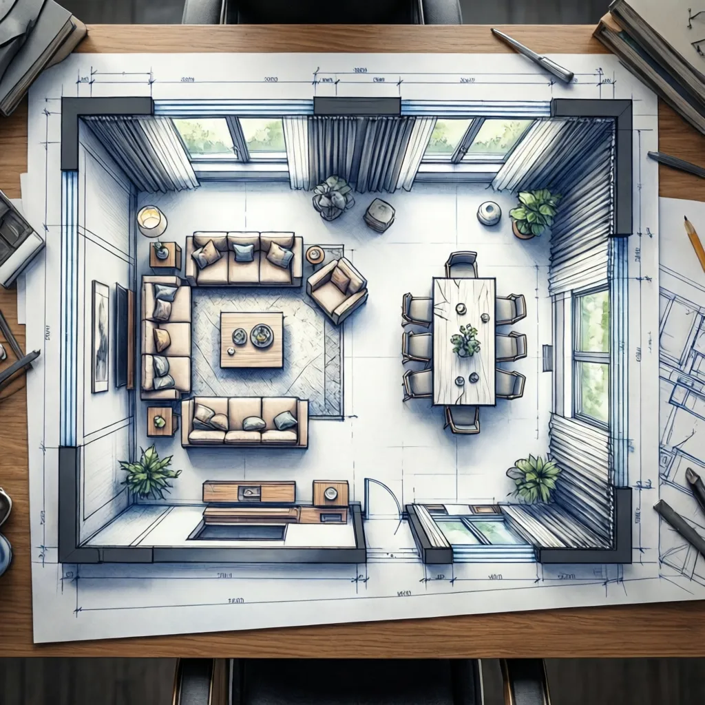 Plano de distribución de sala con muebles dibujados