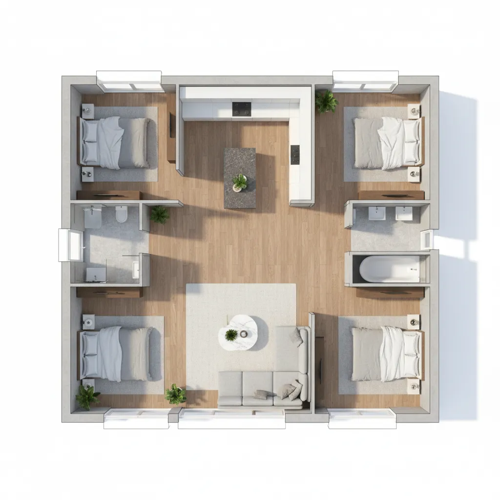 Three dimensional floor plan with four bedrooms central kitchen island grey sofa and wood flooring