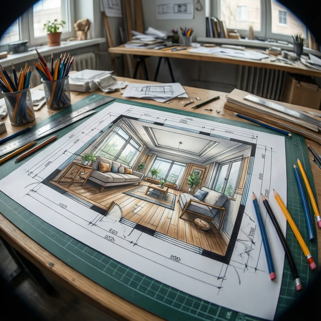 Estudiante practicando dibujo técnico de interiores en mesa de dibujo