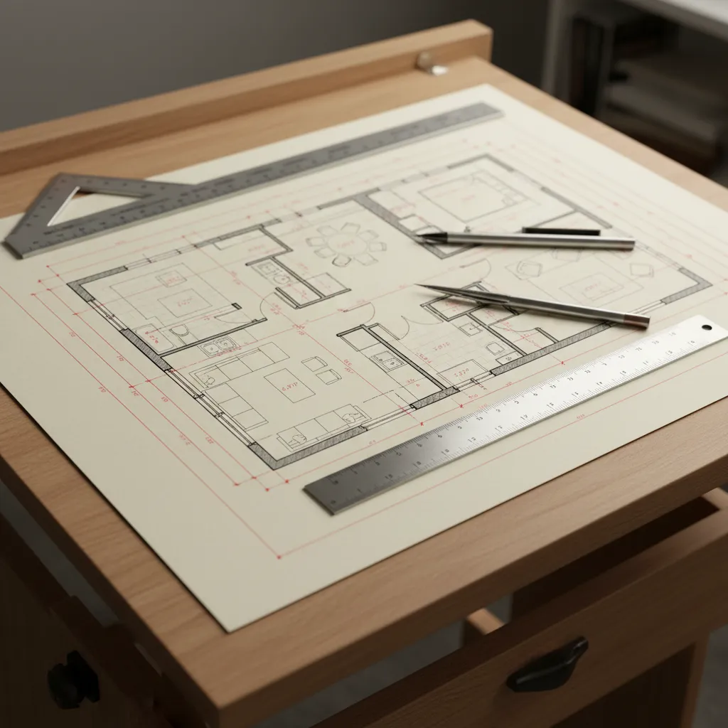 detalle de planos de dibujo técnico para diseño de interiores con escalas y medidas