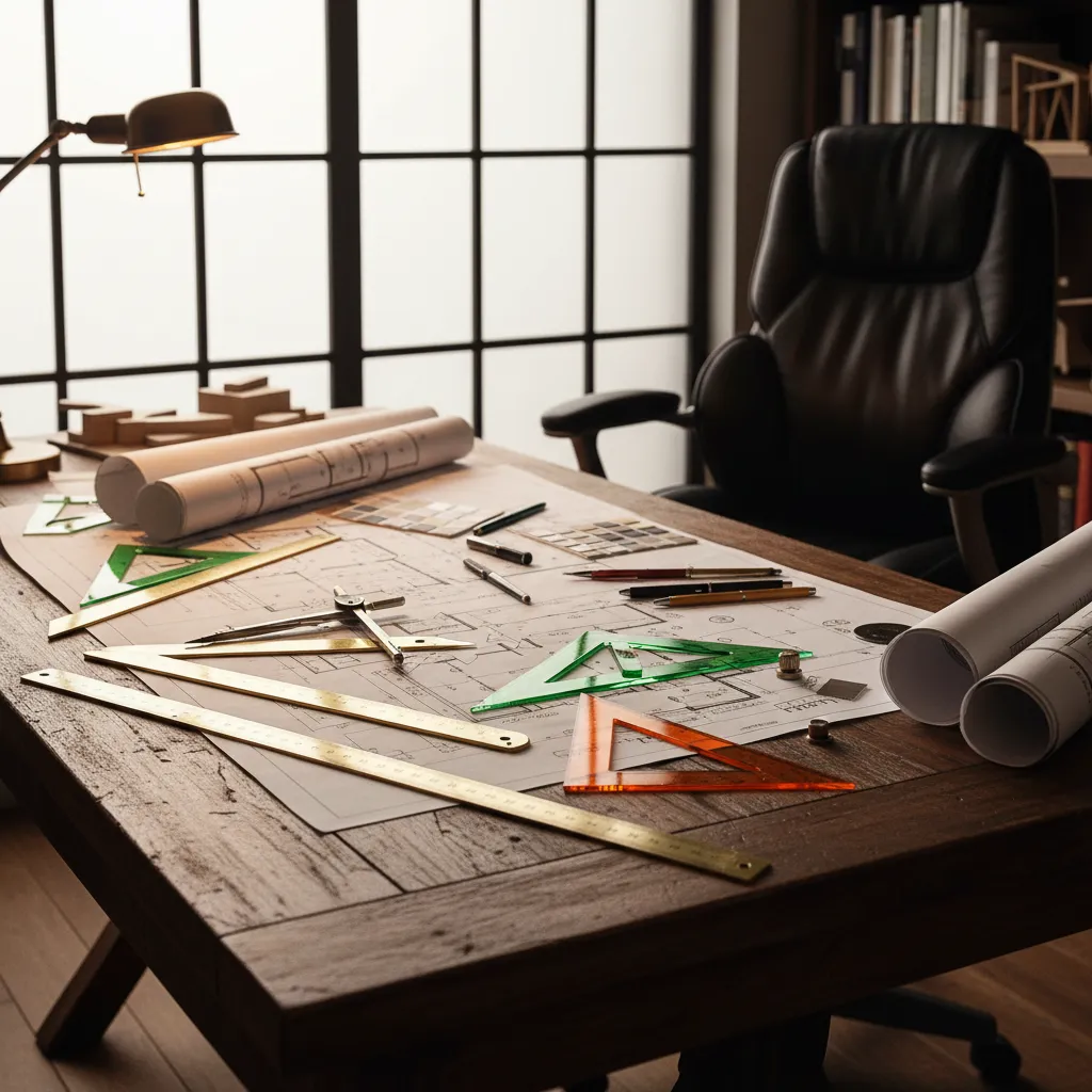 Mesa de trabajo con reglas, escuadras y planos de diseño interior