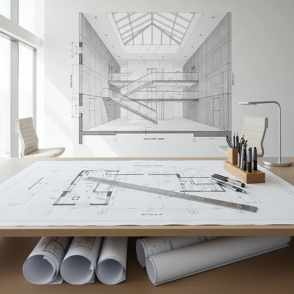 Plano técnico de interiorismo con medidas y detalles arquitectónicos