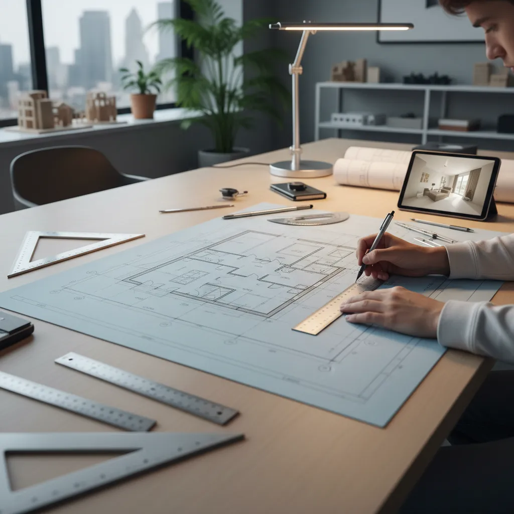 Estudiante realizando dibujo técnico de un plano de interiorismo