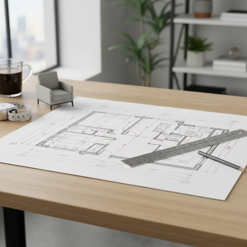 Plano técnico de diseño interior con medidas y distribución del mobiliario