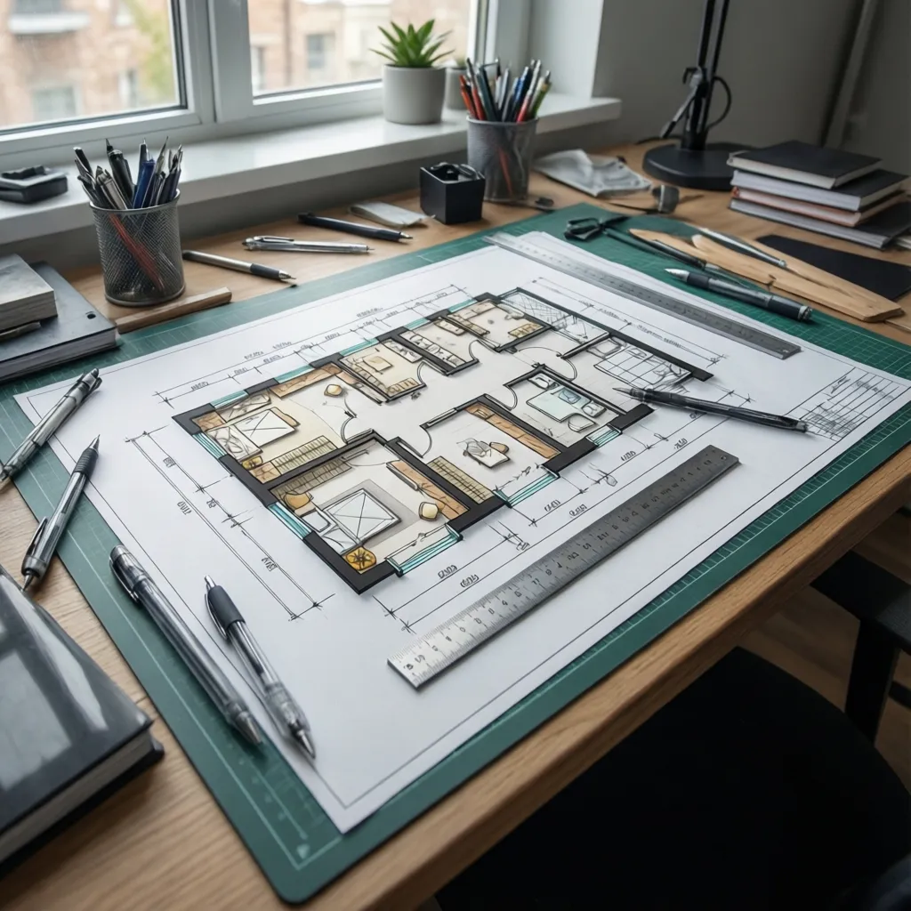 Detailed hand drawn floor plan on a wooden desk with many pens and metal ruler
