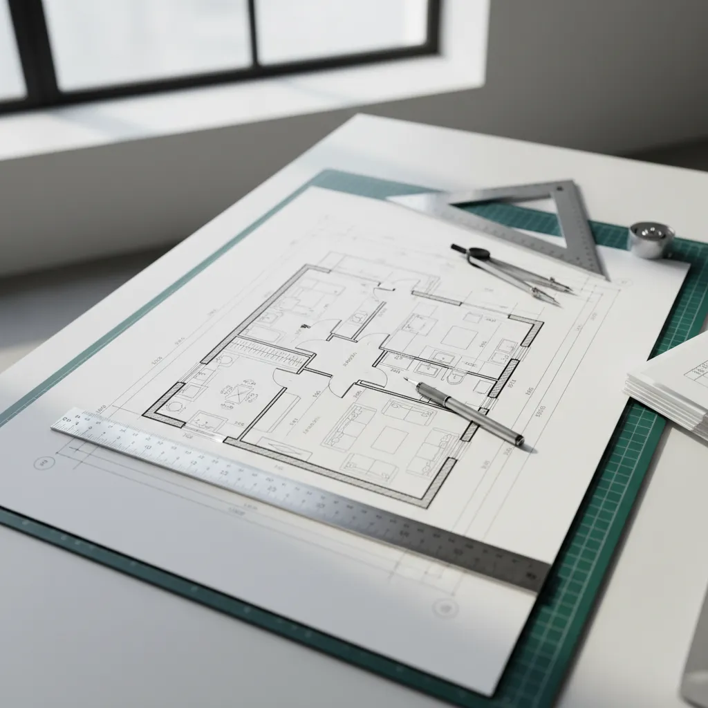 Plano técnico de interiorismo con reglas y lápices sobre mesa de trabajo