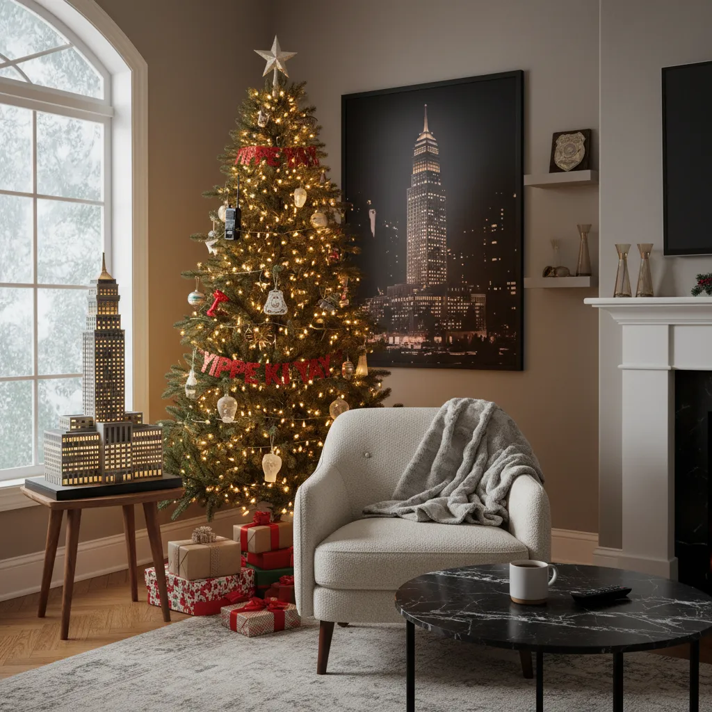 Living room corner decorated with Die Hard themed Christmas decorations and small Nakatomi Plaza display