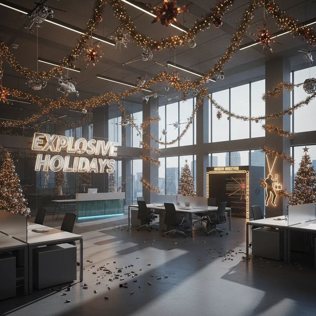 Office Christmas party decorations inspired by Die Hard movie setting