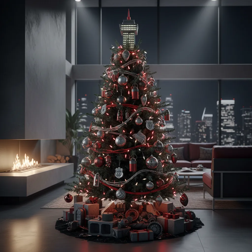 Die Hard themed Christmas tree with metallic ornaments and action movie styling