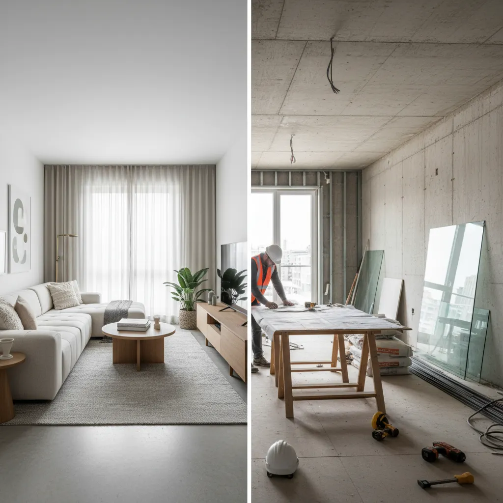 Comparison of a finished modern living room beside an unfinished construction site within the house