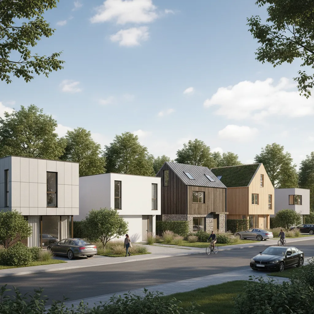 Modern suburban street with various house designs including white cubes and wooden homes under sky