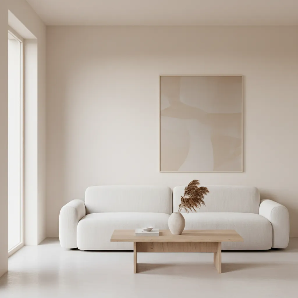 Minimalist living room with beige sofa wooden coffee table large wall art and neutral colors