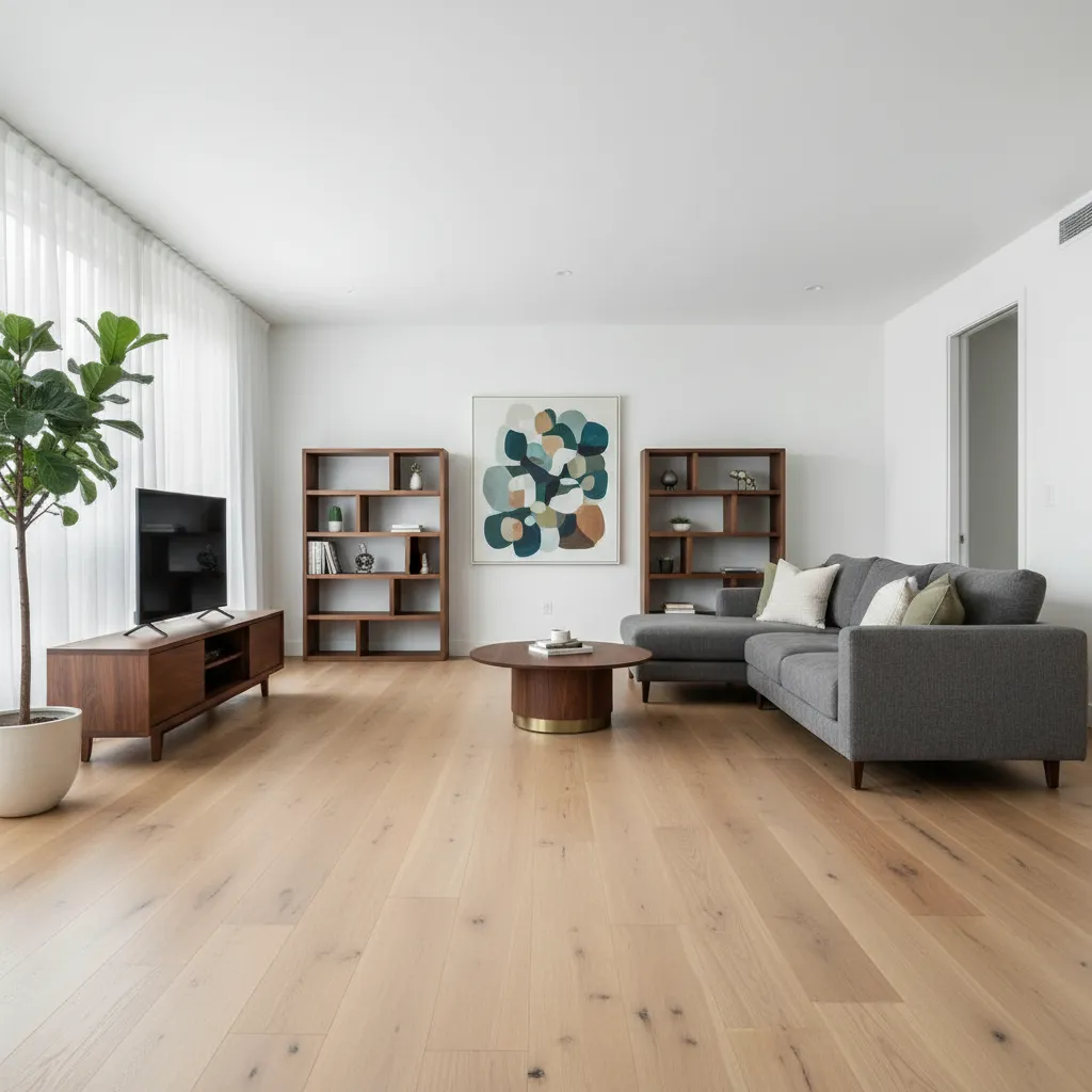 Modern living room with grey sofa, wood floor, TV stand, two bookshelves, and coffee table