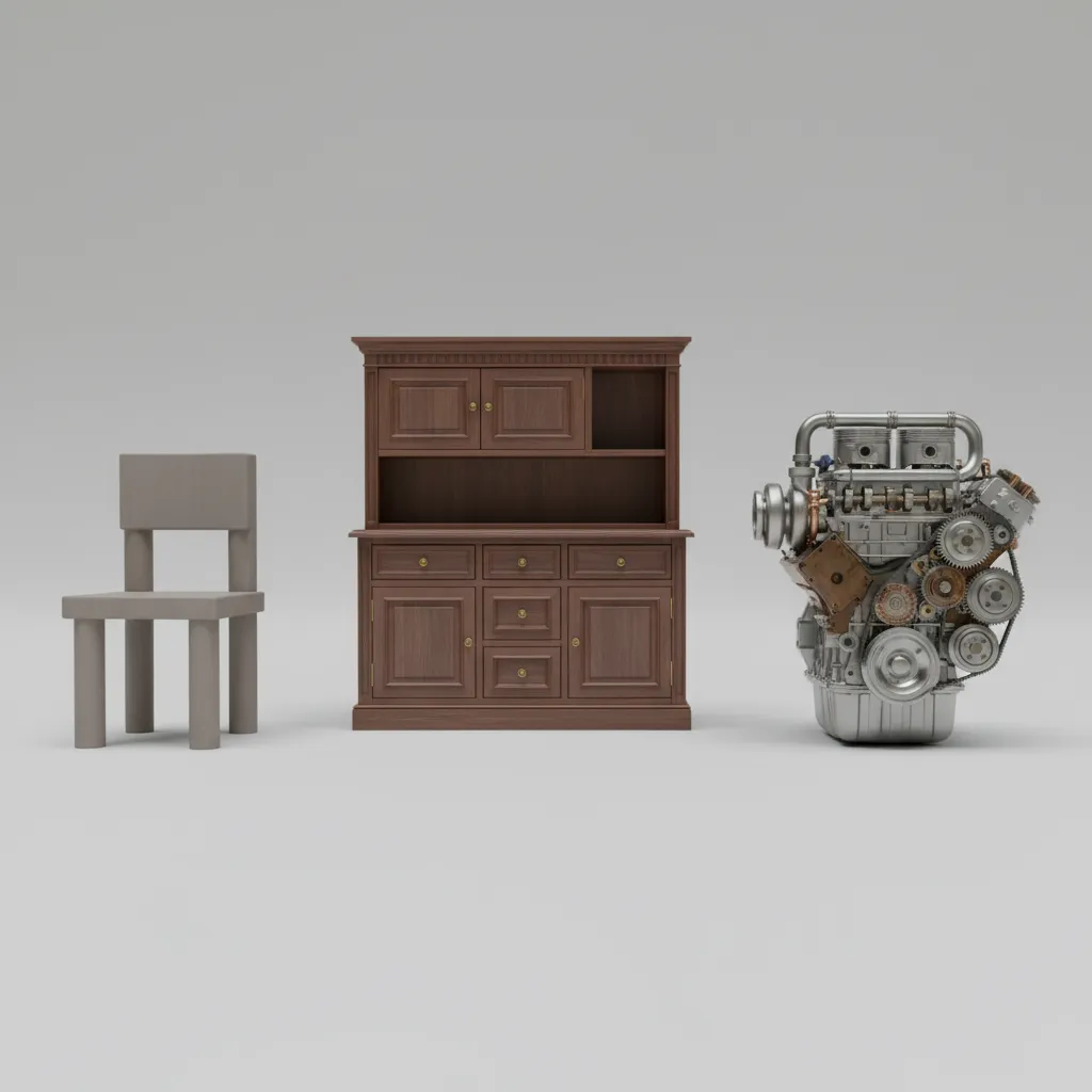 comparison of simple prop model medium complexity asset and detailed 3D model