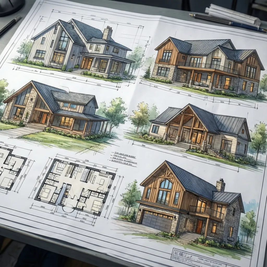 Collection of different house plan styles including modern farmhouse and contemporary layouts