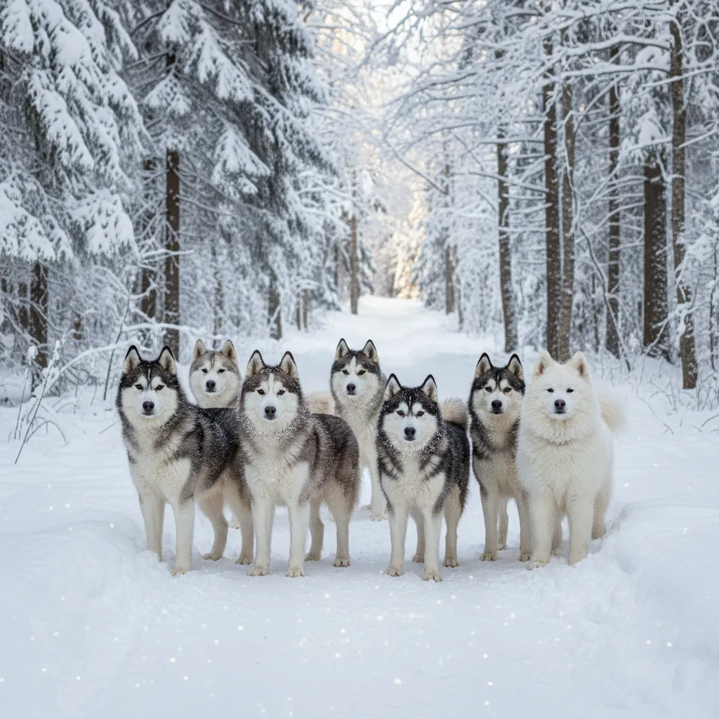 Cold climate dog breeds like husky and malamute in snowy environment