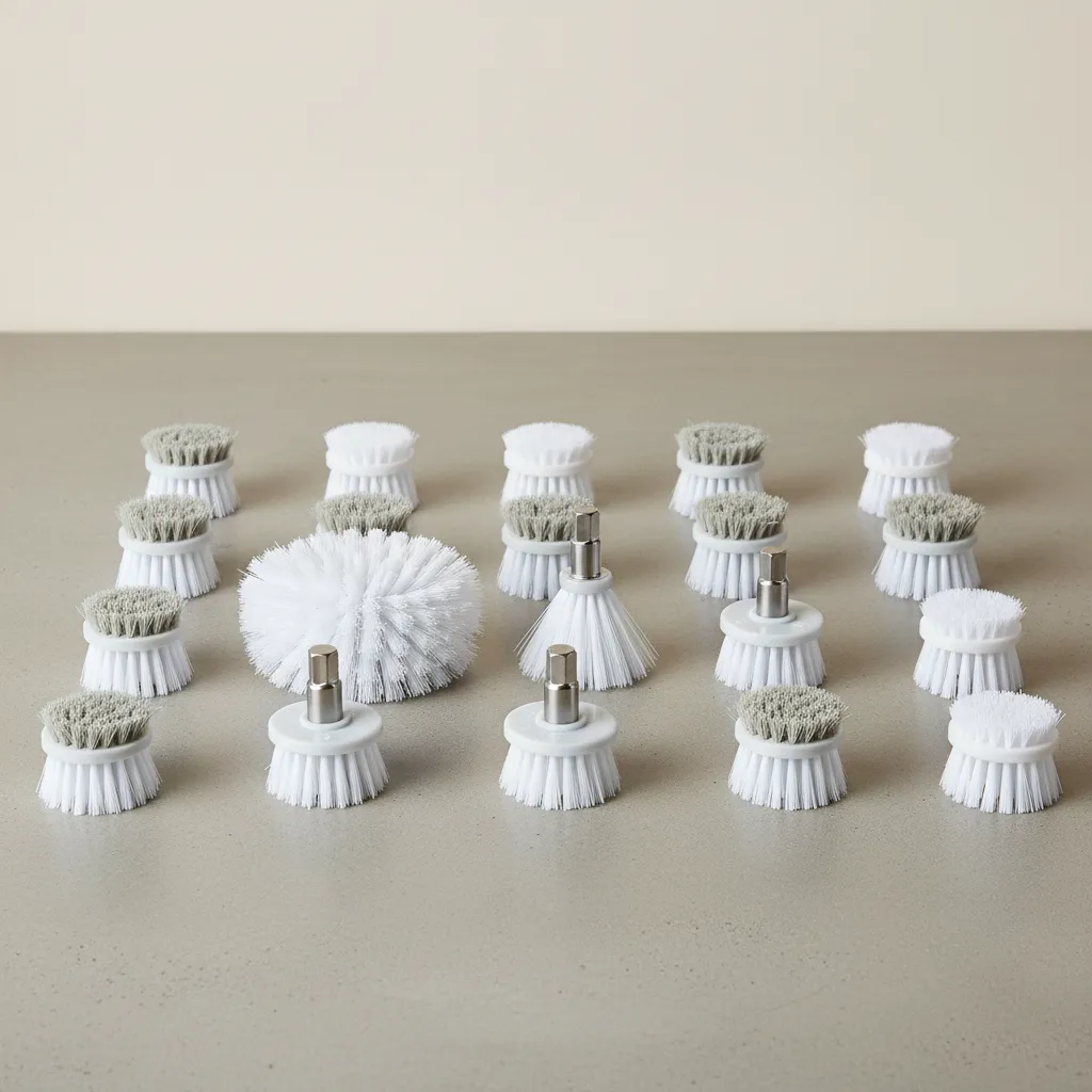 Different drill brush types used for cleaning tile surfaces and grout