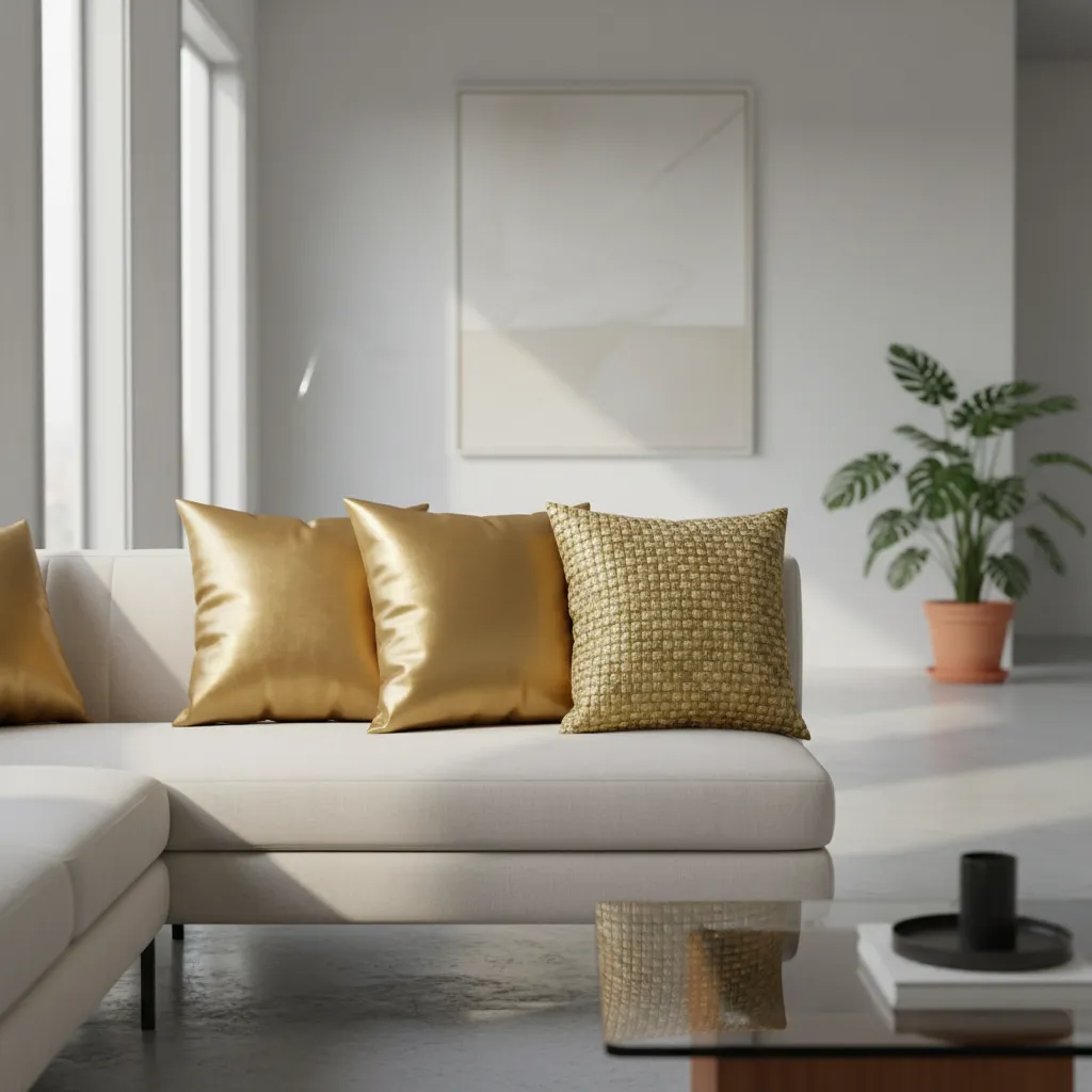 Comparison of velvet satin and woven gold decorative pillows on neutral sofa