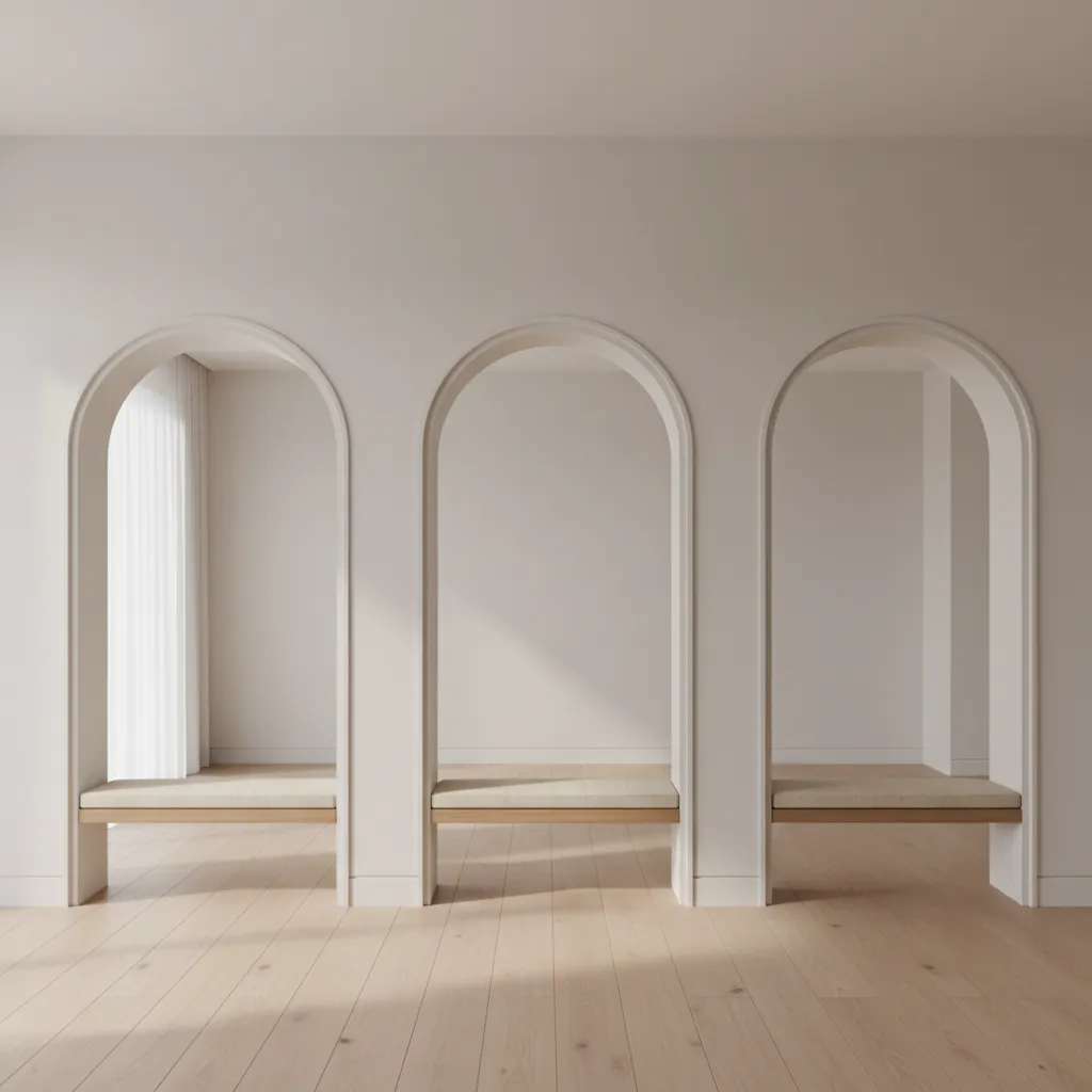 Three white wall arches with wooden benches and cushions sitting on Coohom light wood flooring