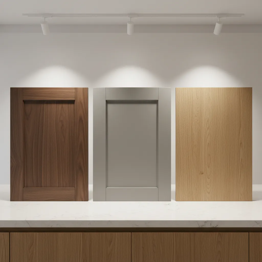 various kitchen cabinet door materials including wood, painted MDF and laminate samples