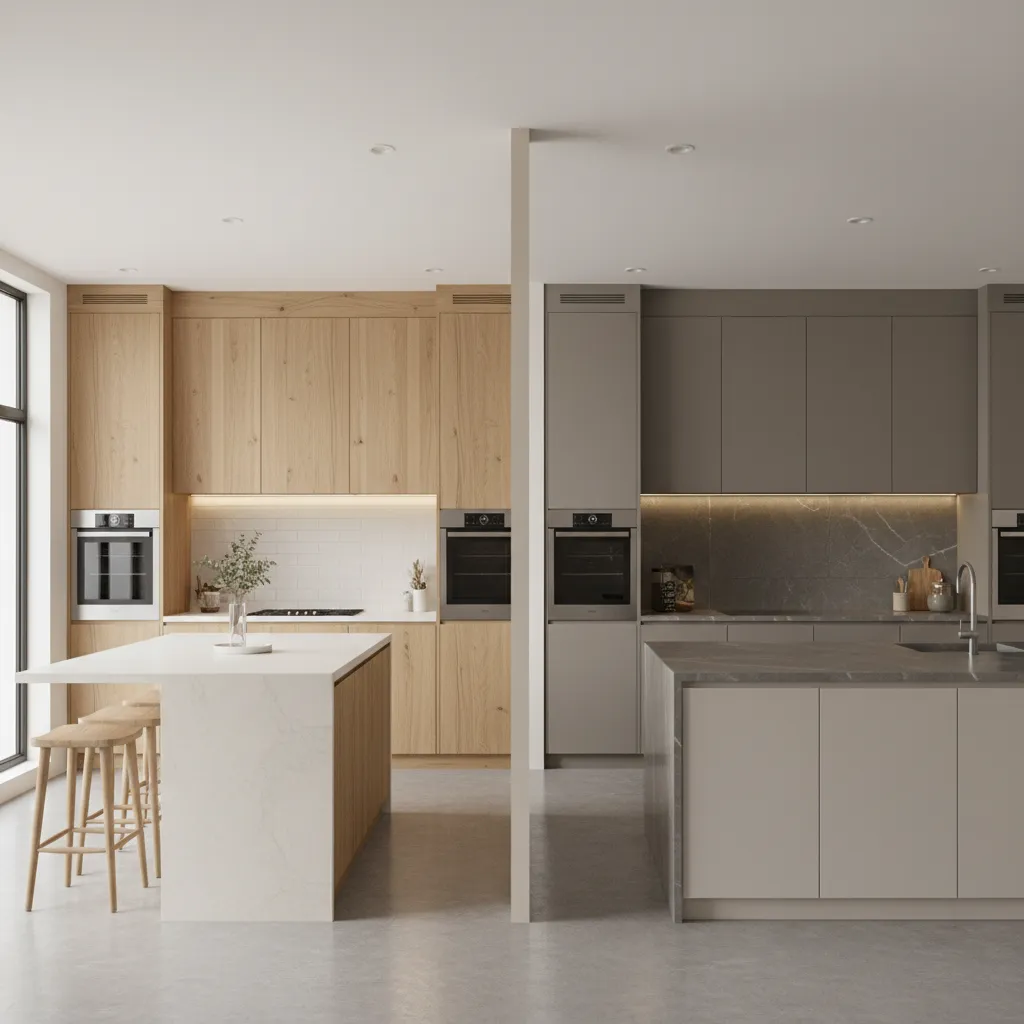 Different kitchen cabinet materials including wood painted and laminate