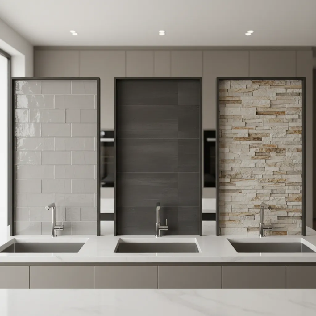 Comparison of ceramic porcelain and stone kitchen wall tiles