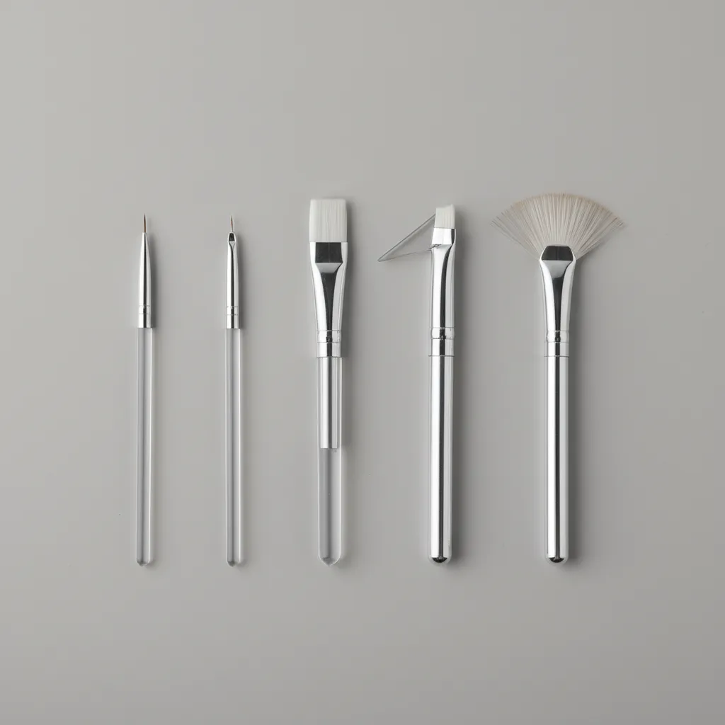 Different types of nail art brushes including liner, angled and flat brushes