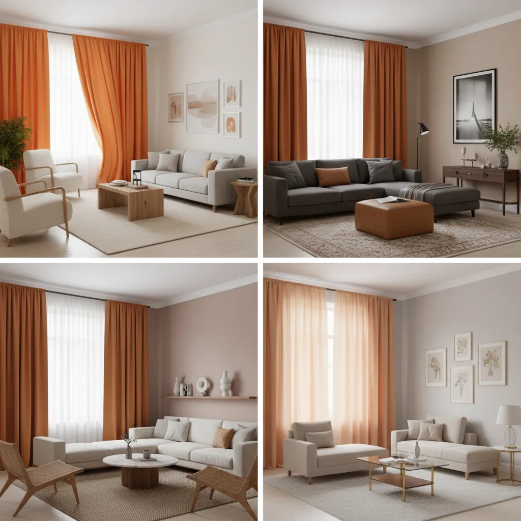 Living room showing different shades of orange curtains from bright to burnt orange