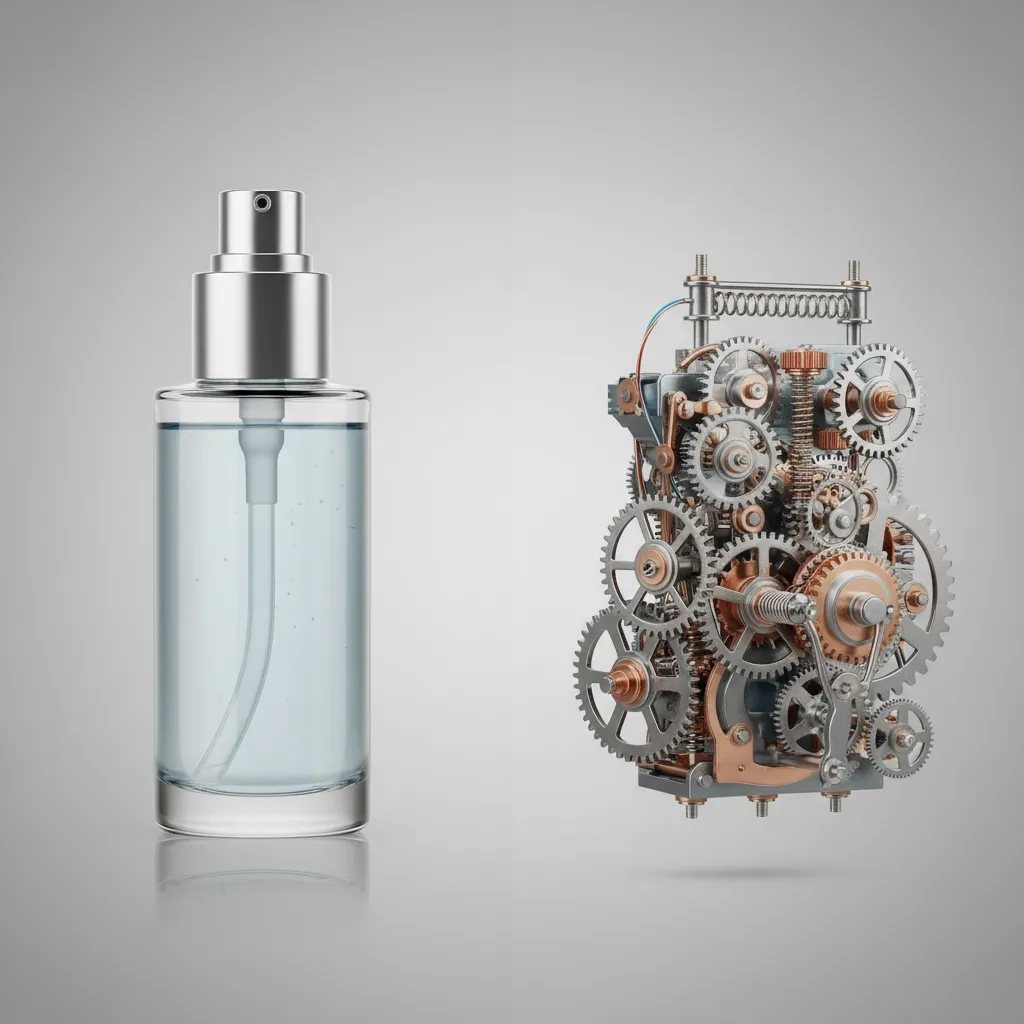 comparison of simple bottle render and complex mechanical product render