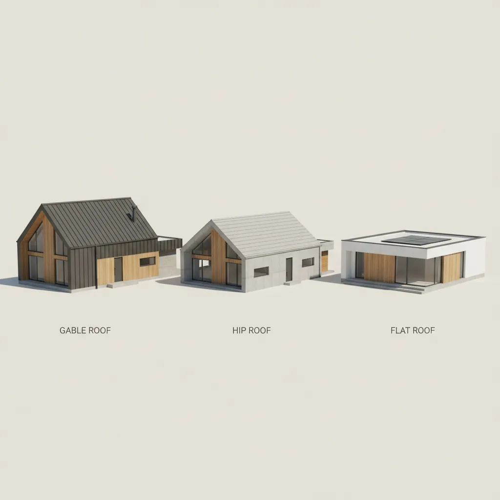Comparison of three house models showing gable roof, hip roof, and flat roof design options
