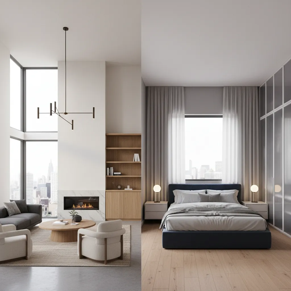 Interior comparison showing higher living room ceiling and lower bedroom ceiling
