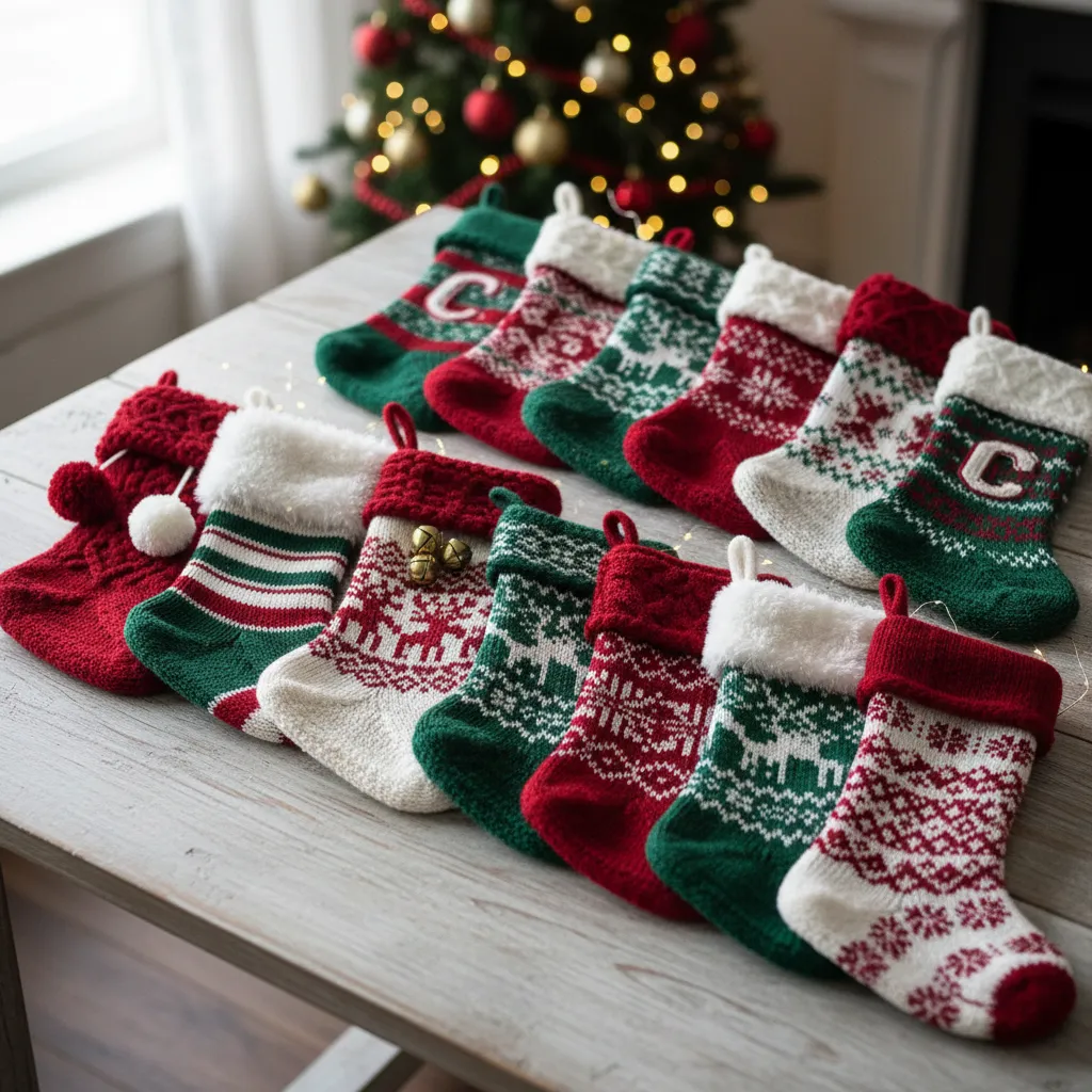 Many colorful knitted Christmas stockings in red and green patterns arranged on a wooden table