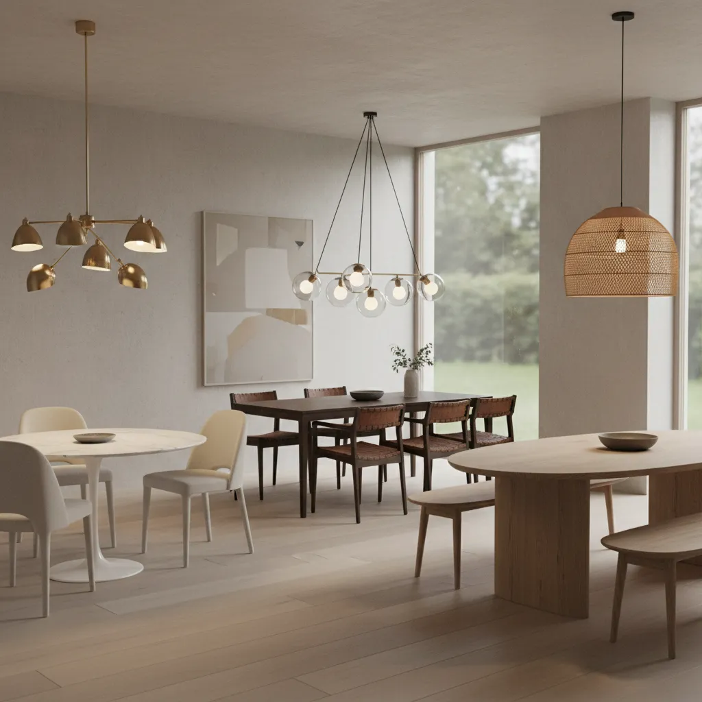 Dining space showing brass glass and rattan swag lamp material examples