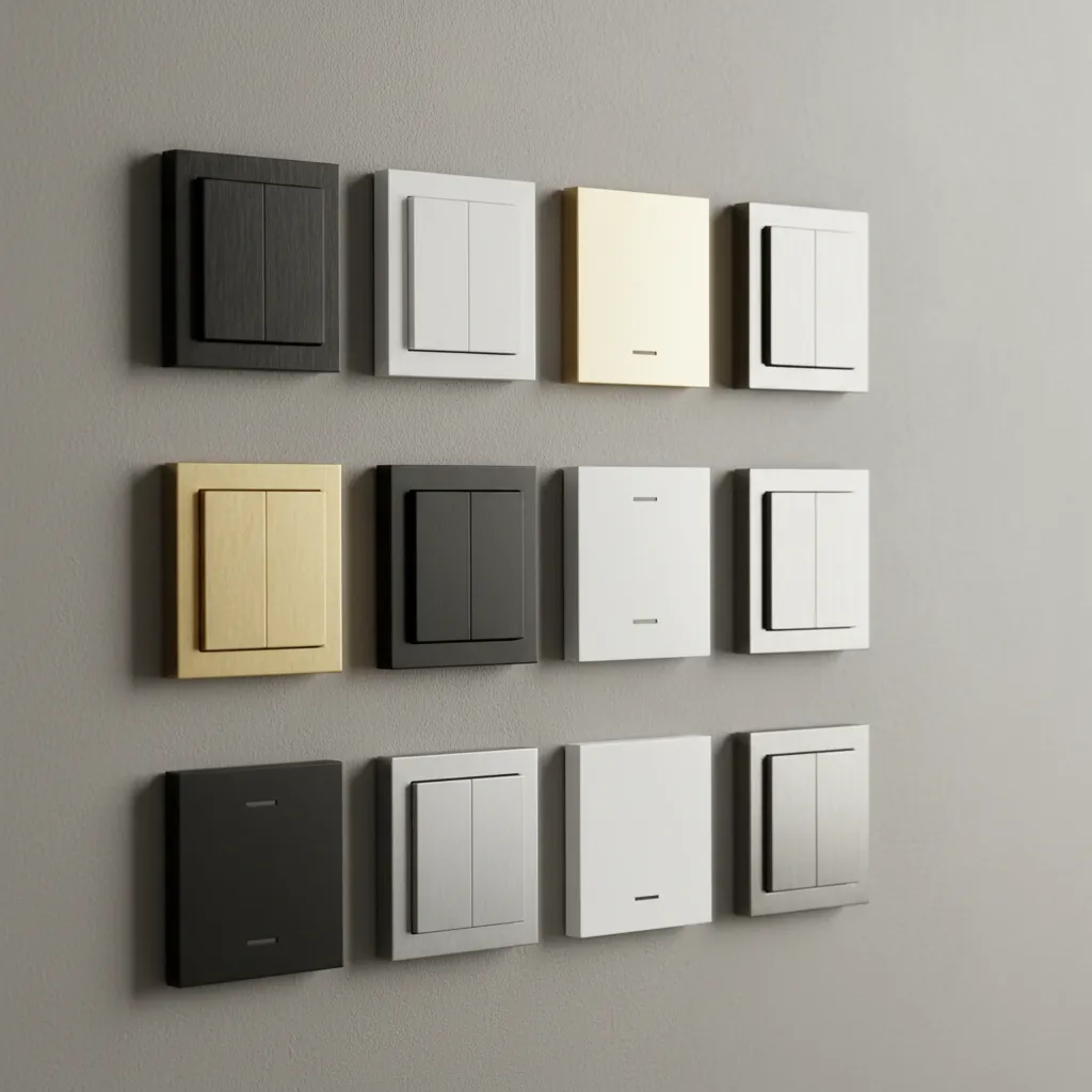Diferentes acabados de interruptores de diseño sobre pared decorativa