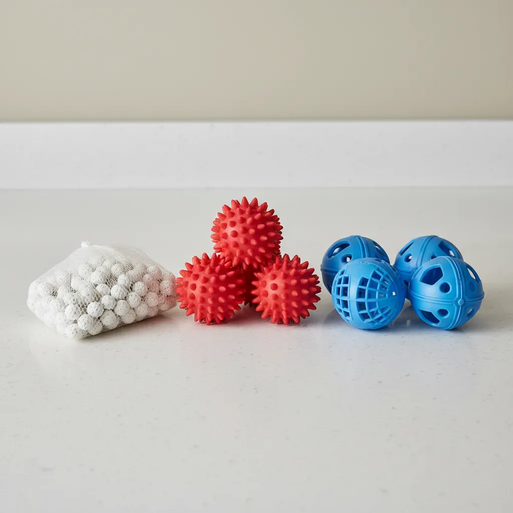 Different types of laundry balls including rubber spike and ceramic designs