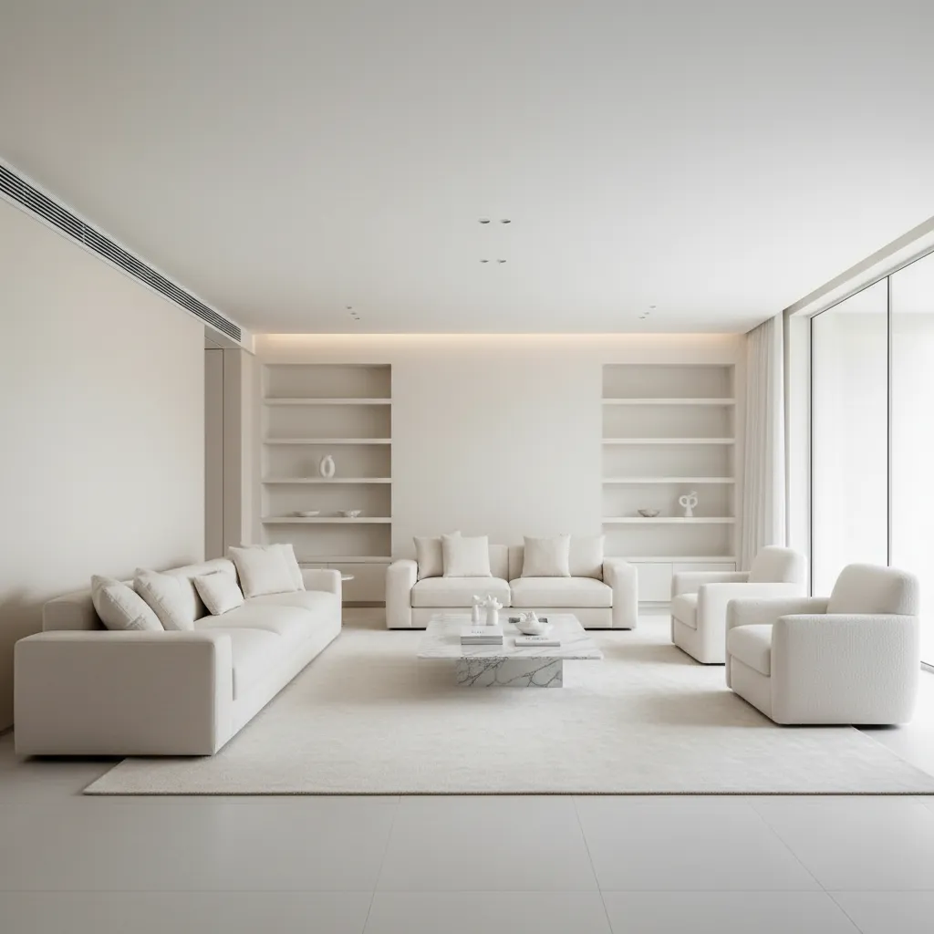 Minimalist white living room with multiple sofas, armchairs, storage shelves, marble table, and large windows