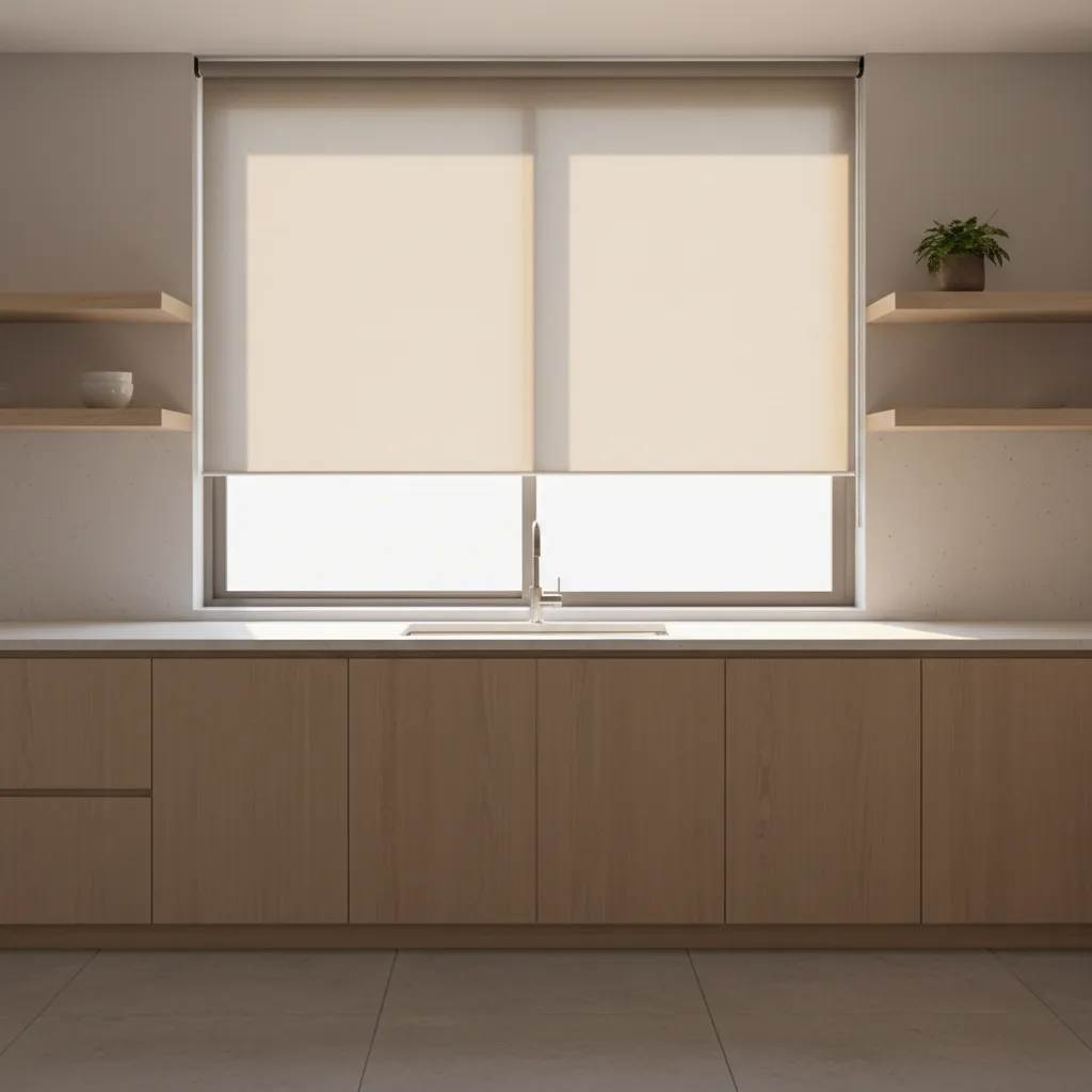 Kitchen window with solar shades diffusing strong morning sunlight